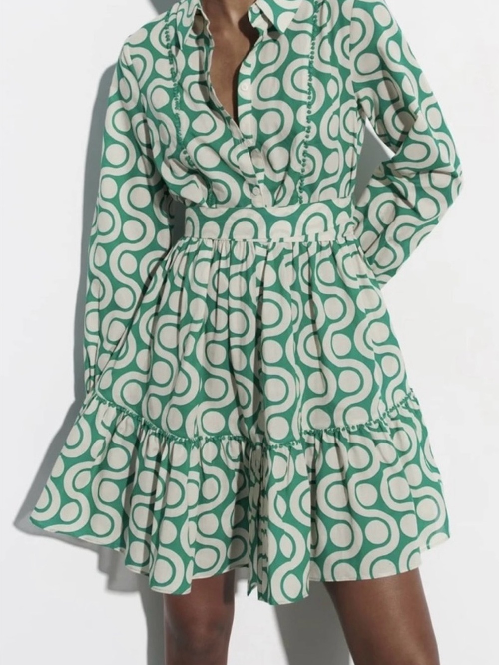 Zara Green & Cream Graphic-Print Mini Dress